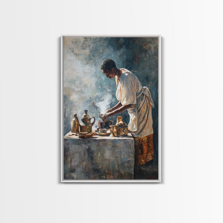 African Man Coffee Ceremony Wall Art, Ethiopian Tea Service Canvas Print, Cultural Portrait, Afrocentric Home Decor, Gift