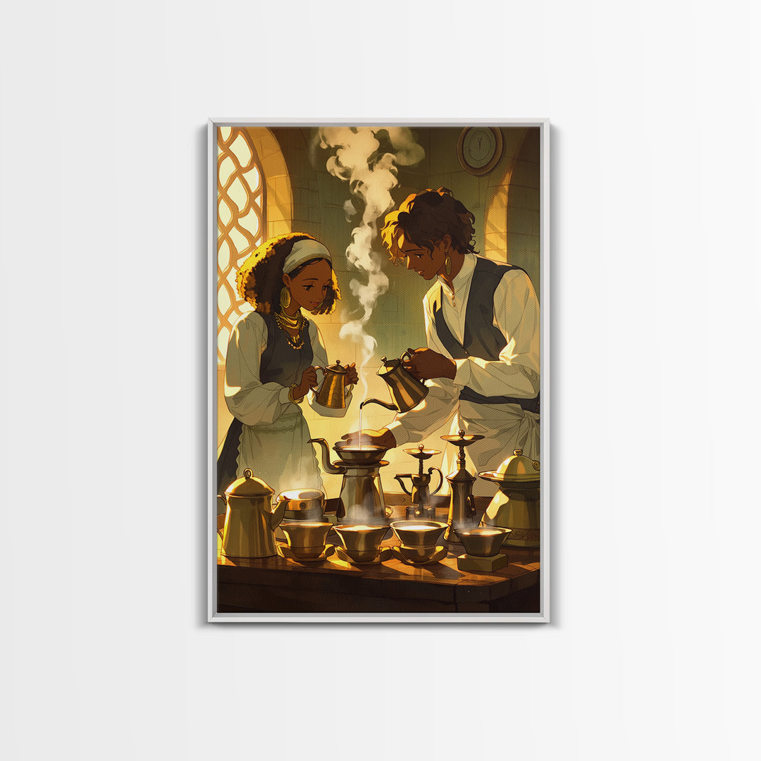 African Couple Tea Ceremony Wall Art, Golden Kitchen Canvas Print, Afrocentric Romance Decor, Black Love Art, Wedding Gift