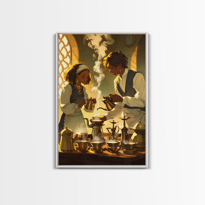 African Couple Tea Ceremony Wall Art, Golden Kitchen Canvas Print, Afrocentric Romance Decor, Black Love Art, Wedding Gift