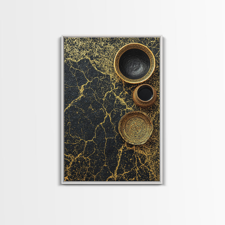 Black Gold Vessels Texture Wall Art, African Inspired Canvas Print, Abstract Ethnic Art, Luxury Kitchen Decor, Home Decor Gift