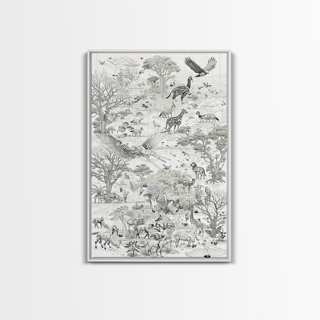 Intricate Monochrome African Safari Map Wall Art, Serengeti Animals, Elephant, Zebra, Giraffe, Travel Inspired Home Decor