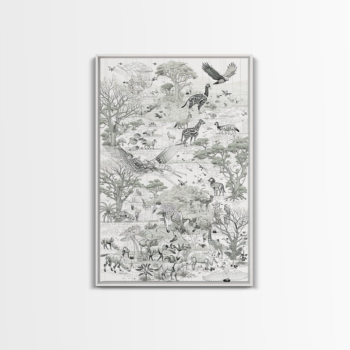 Intricate Monochrome African Safari Map Wall Art, Serengeti Animals, Elephant, Zebra, Giraffe, Travel Inspired Home Decor