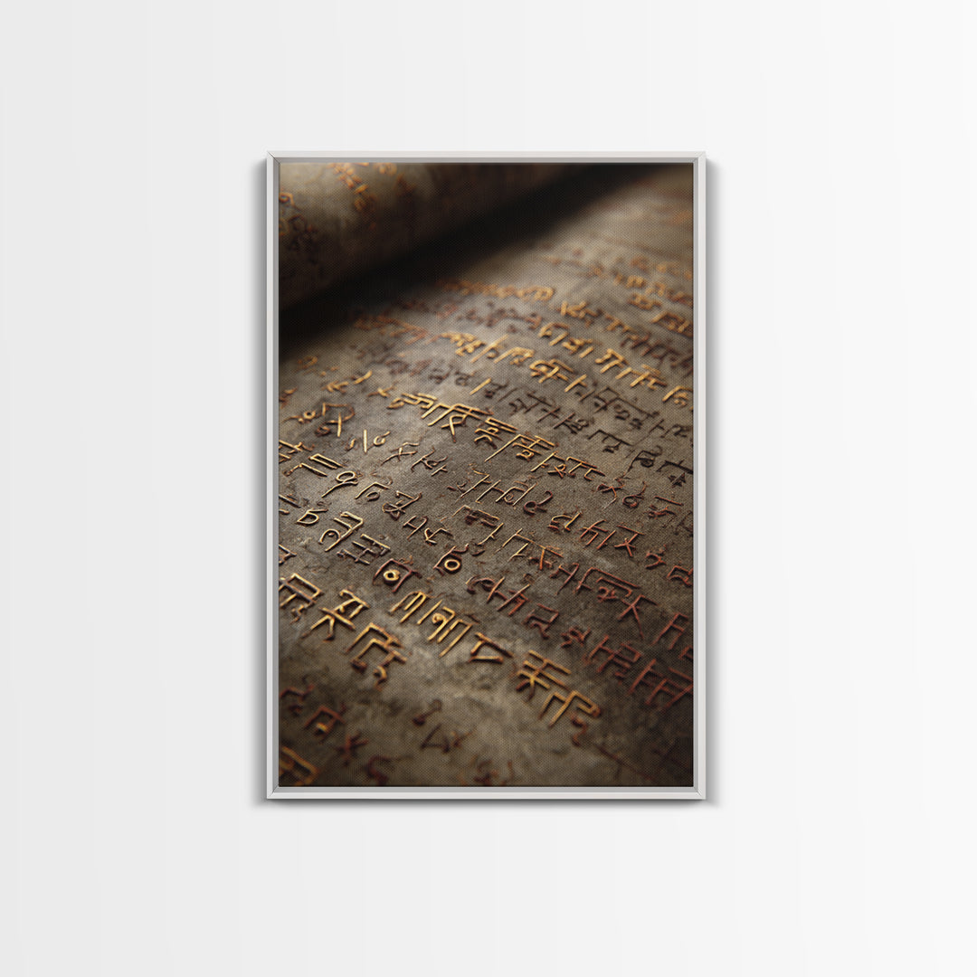 Aged Bronze Ancient Script Framed Canvas Print, Close Up Manuscript, Cultural Wall Art, Earth Tone Office Decor Gift For Study