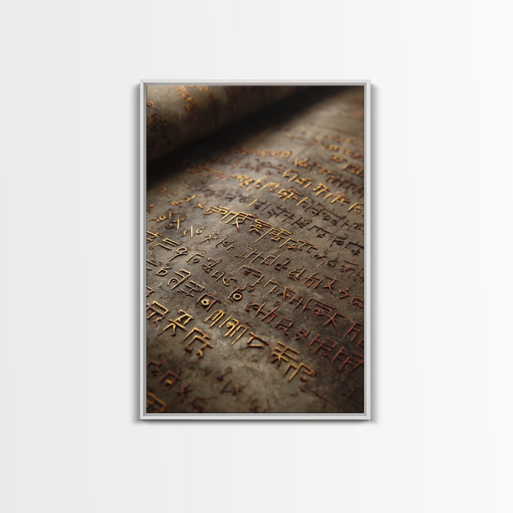 Aged Bronze Ancient Script Framed Canvas Print, Close Up Manuscript, Cultural Wall Art, Earth Tone Office Decor Gift For Study