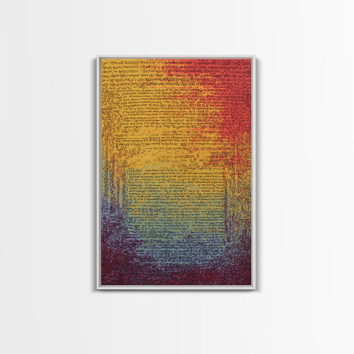 Colorful Gradient Ancient Manuscript Wall Art, Red Yellow Blue Abstract Script, Modern Canvas Print, Vibrant Home Decor Gift