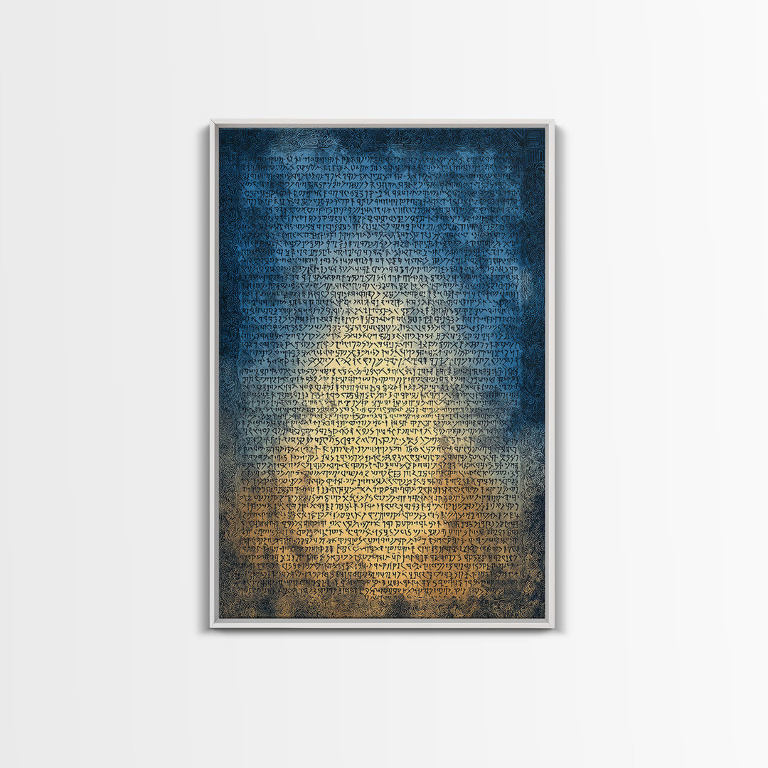 Blue Ancient Script Manuscript Canvas Print, Glowing Parchment Wall Art, Spiritual Cultural Decor, Elegant Office Gift For Her