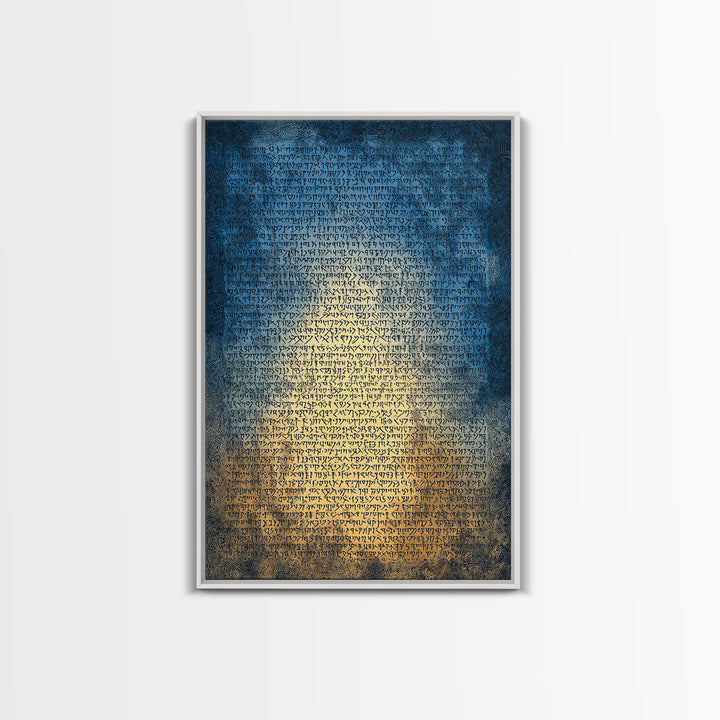 Blue Ancient Script Manuscript Canvas Print, Glowing Parchment Wall Art, Spiritual Cultural Decor, Elegant Office Gift For Her