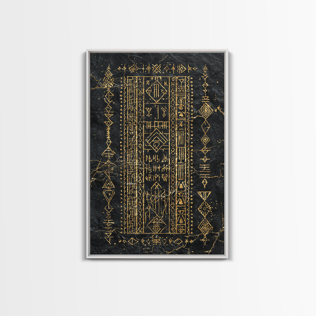 Black Gold Tribal Geometric Symbol Wall Art, Ancient African Inspired Panel, Mystical Canvas Print, Cultural Home Decor Gift