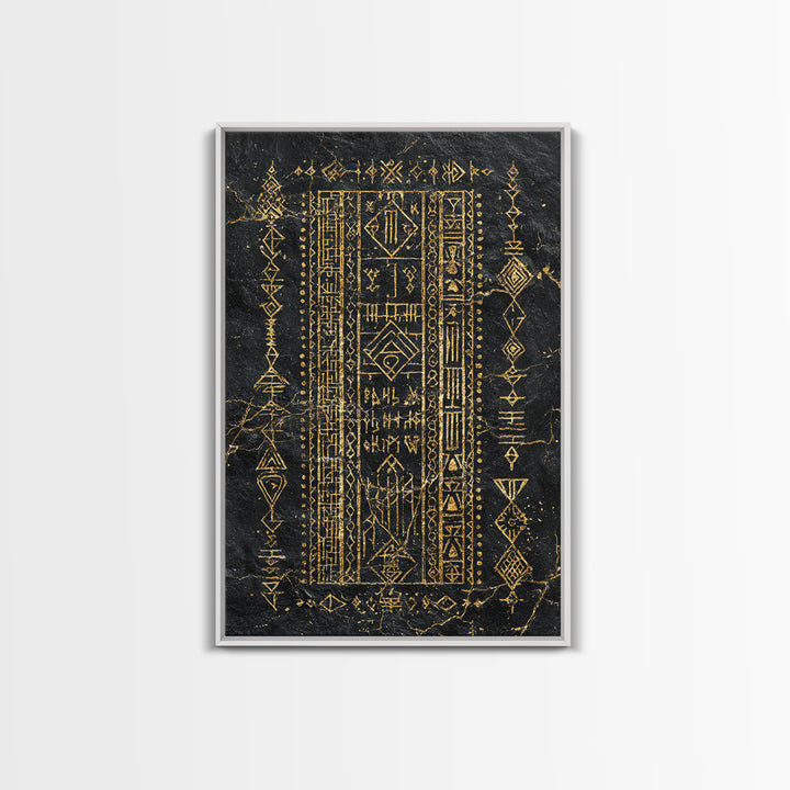 Black Gold Tribal Geometric Symbol Wall Art, Ancient African Inspired Panel, Mystical Canvas Print, Cultural Home Decor Gift