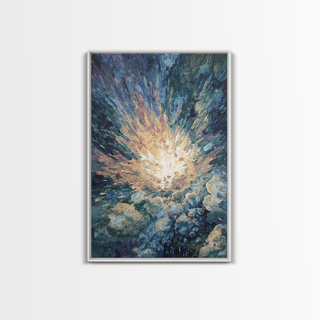 Radiant Ocean Light Burst In Blue Clouds Canvas Print, Abstract Painting, Dreamy Wall Art, Nature Scene Art, Home Decor Gift