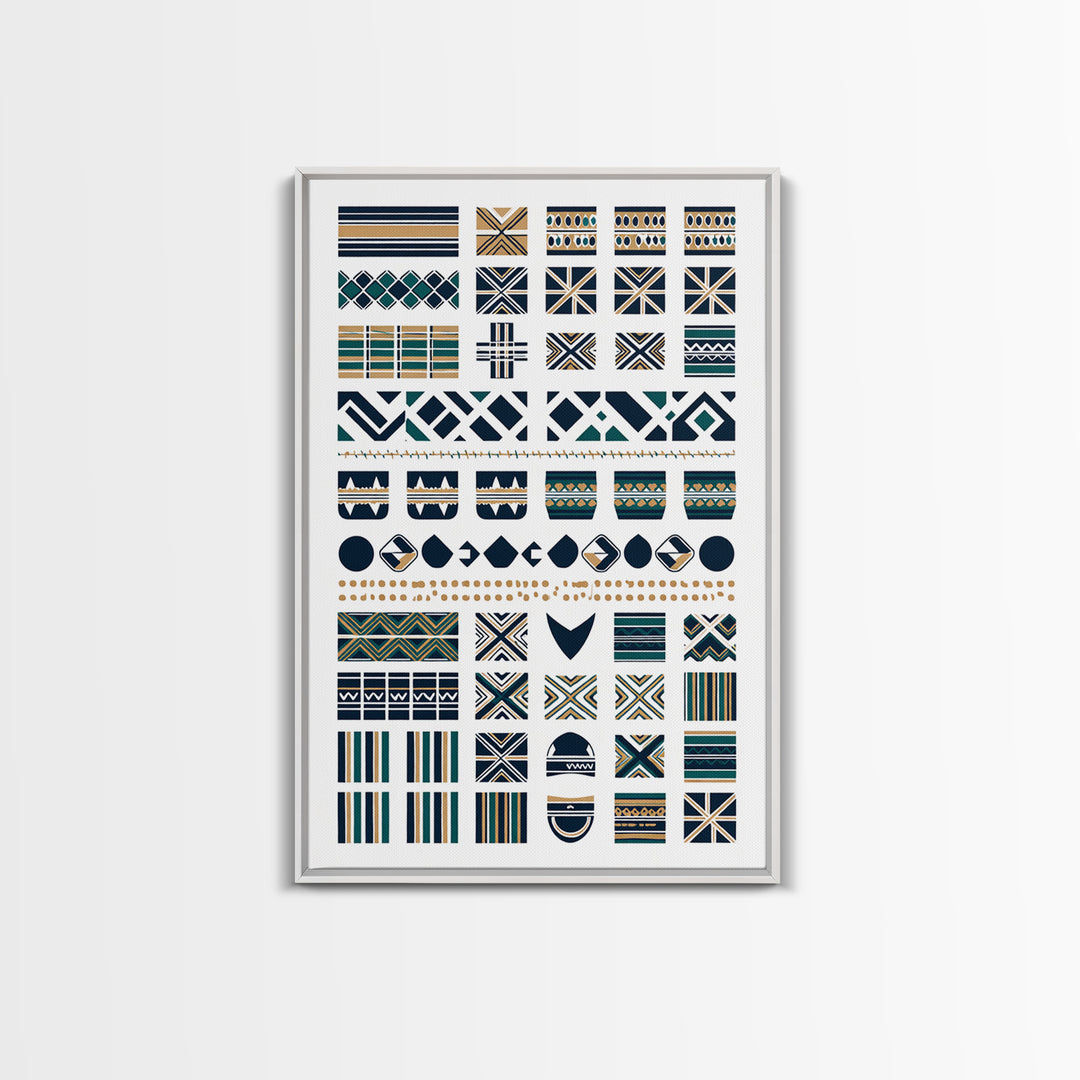 African Textile Pattern Grid In Blue Gold Wall Art, Ankara Wall Art, Ethnic Art Print, Cultural Home Decor, Motherland Style Gift