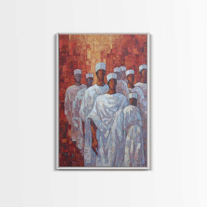 White Robed Figures In Red Impasto Framed Canvas Print, African Wall Art, Cultural Decor, Modern African Painting Gift For Home Decor