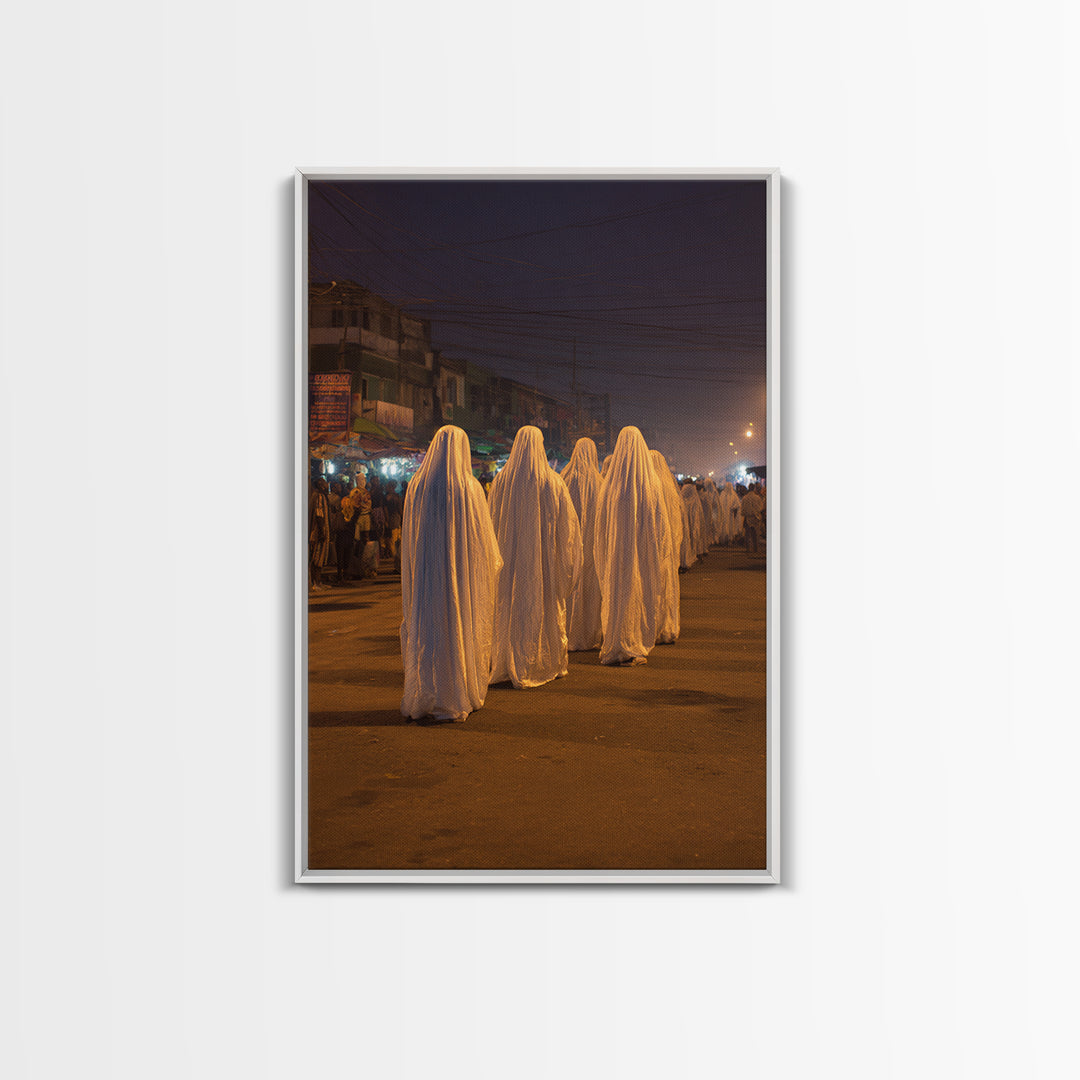 Night Street White Robed Procession Wall Art, African Travel Decor, Spiritual Cultural Art Print, Afrocentric Home Gift For Him