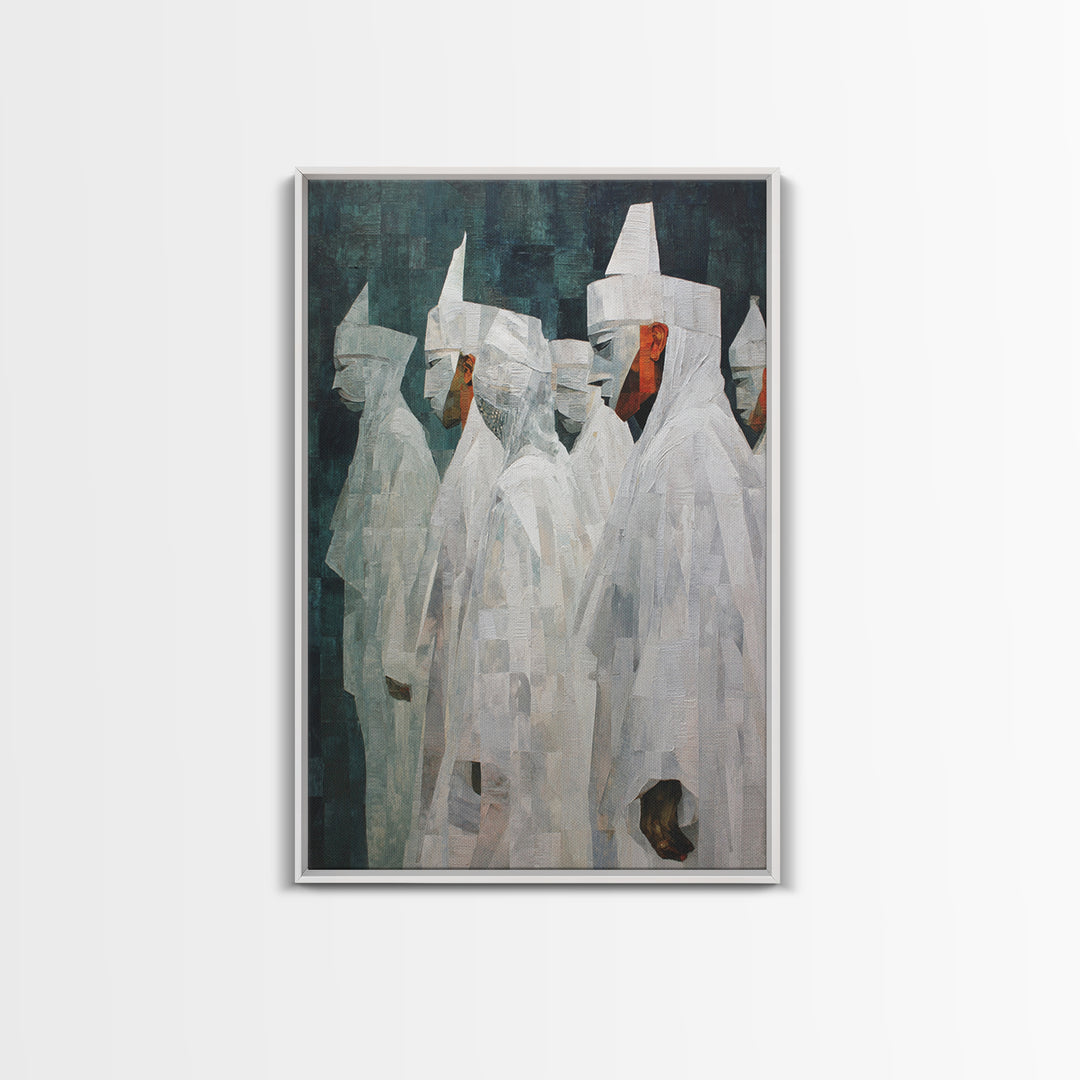 Abstract White Robed Figures On Teal Framed Canvas Print, African Wall Art, Modern Cultural Decor, Unique Home Gift For Living Room