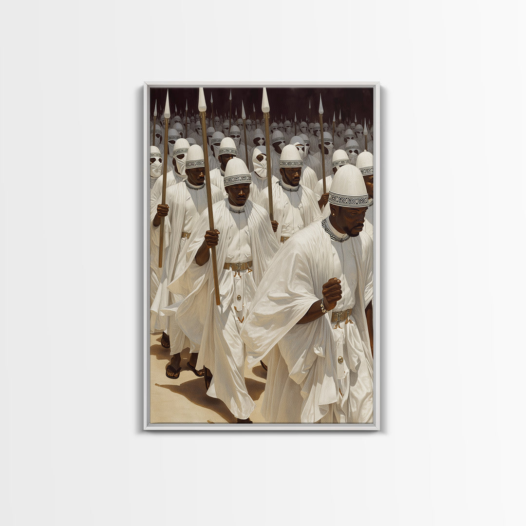 White Spear Bearer Procession In Sunlight Canvas Print, African Warrior Art, Cultural Wall Decor, Statement Gift For Him