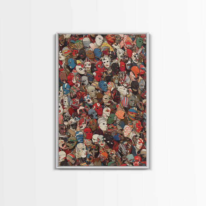 Illustrated African Mask Collage Wall Art, Colorful Tribal Pattern, Afrocentric Decor, Cultural Gallery Canvas Print Gift