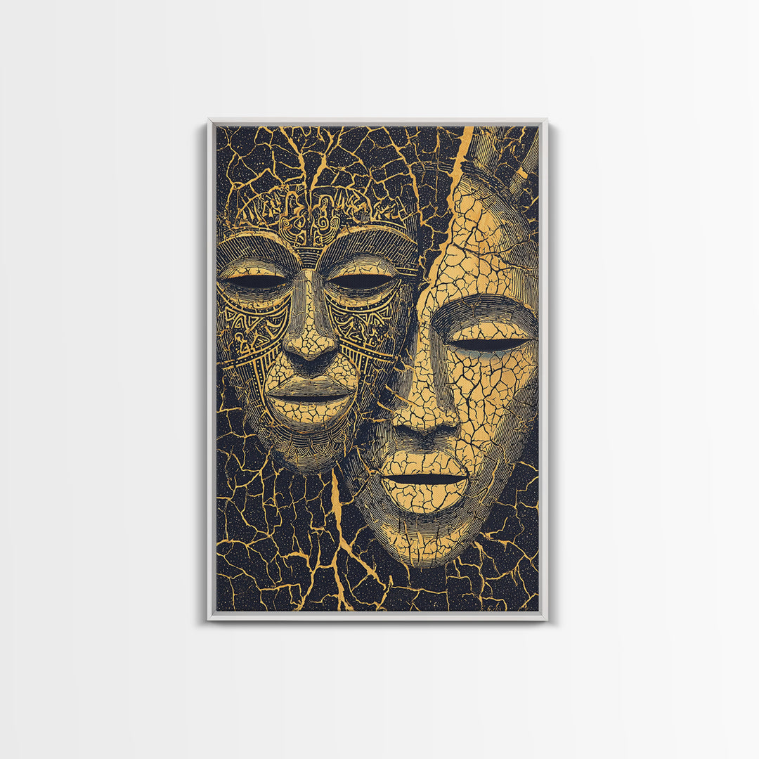 Gold Line African Mask Duo Wall Art, Tribal Mask Canvas Print, Black And Gold Decor, Afrocentric Cultural Home Decor Gift