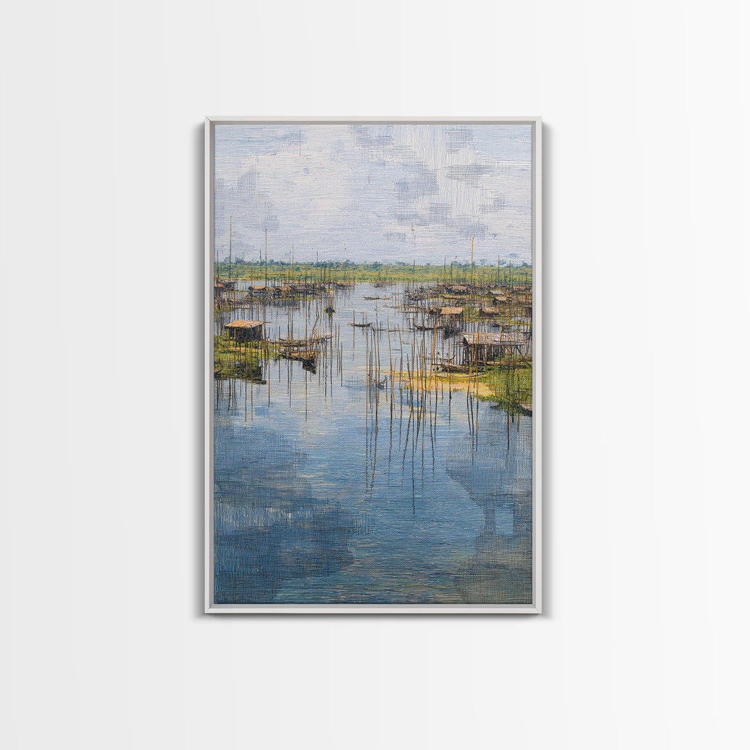 Serene African Fishing Village Wall Art, Blue Wetland Landscape Canvas, Coastal Nature Scene, Textured Home Decor For Living Room
