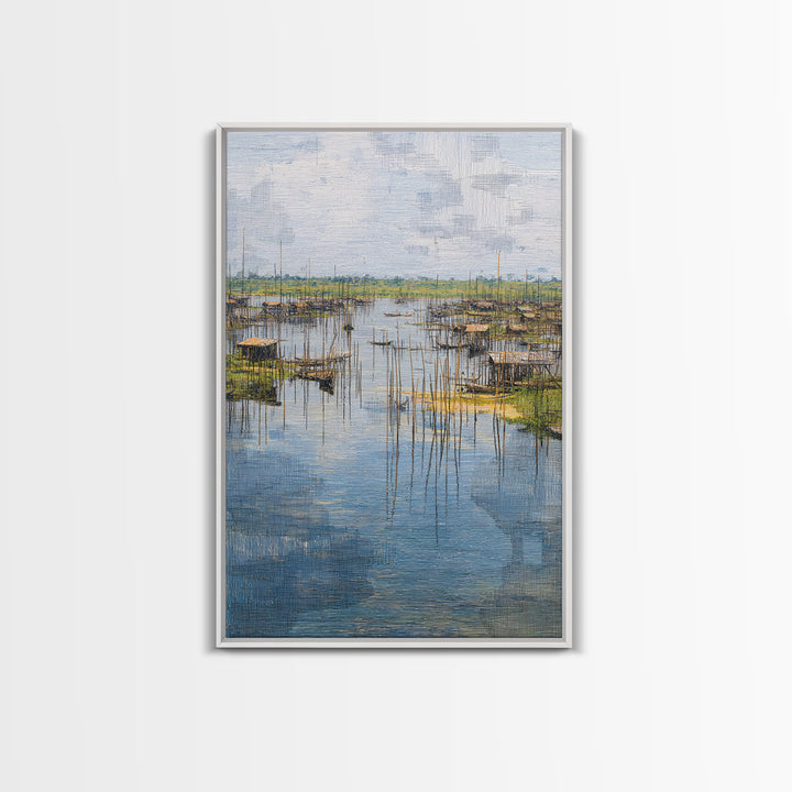 Serene African Fishing Village Wall Art, Blue Wetland Landscape Canvas, Coastal Nature Scene, Textured Home Decor For Living Room