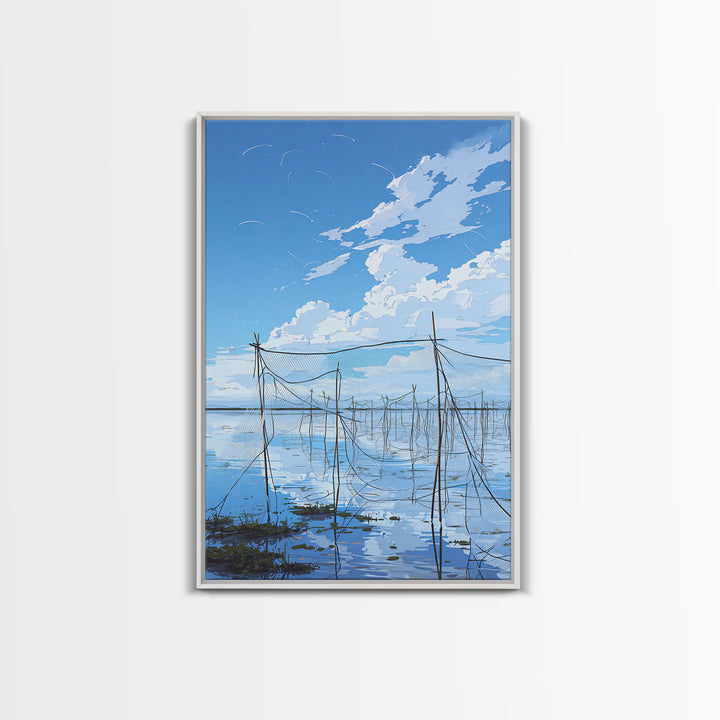 Blue Sky Fishing Nets Wall Art, Minimalist Coastal African Landscape Canvas, Serene Water Reflections, Bedroom Decor Gift