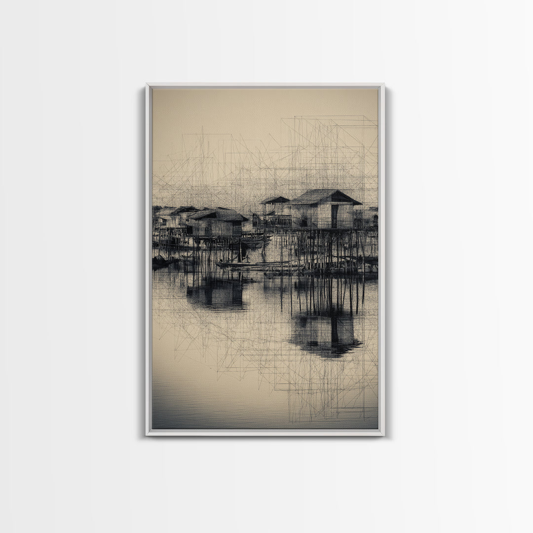 Monochrome Stilt Village Framed Canvas Print, African Fishing Huts Sketch, Minimalist Black Wall Decor For Office And Living Room