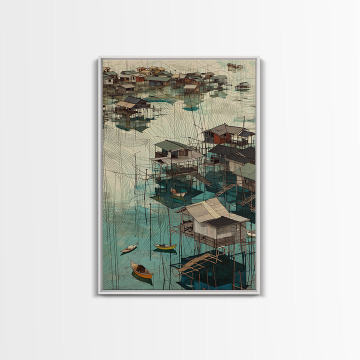 Turquoise African Stilt Houses Wall Art, Fishing Village Canvas, Coastal Landscape Print, Cultural Home Decor Gift For Living Room