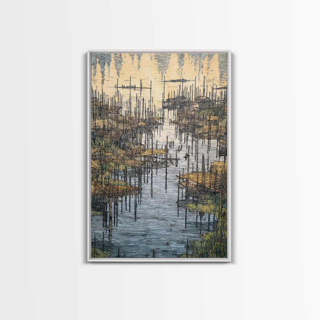 Intricate African Wetland Village Wall Art, Fishing Poles And Boats Canvas, Textured Landscape Decor For Living Room Gift