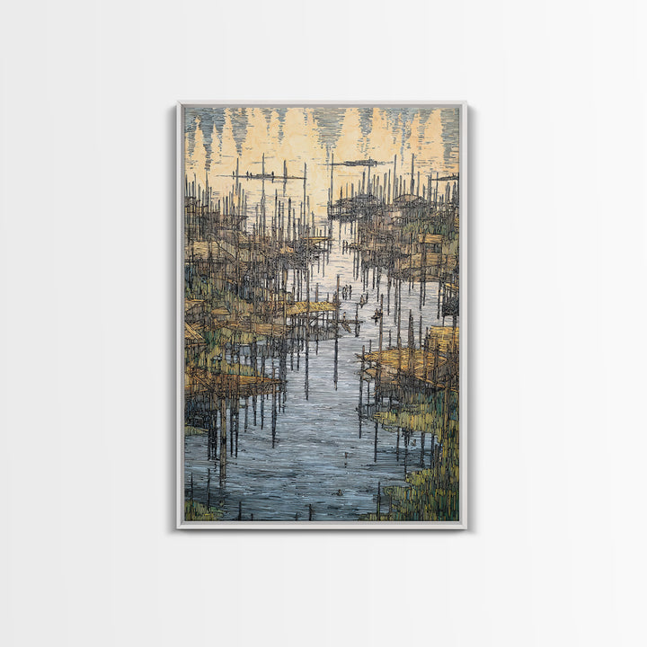 Intricate African Wetland Village Wall Art, Fishing Poles And Boats Canvas, Textured Landscape Decor For Living Room Gift
