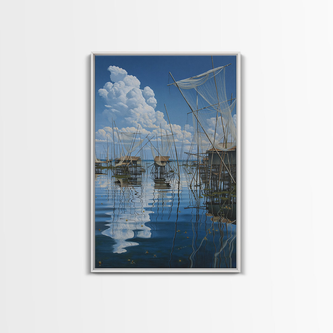 Dreamy Fishing Nets On Blue Water Wall Art, African Coastal Village Canvas, Cloud Reflection Nature Decor Gift For Home And Office