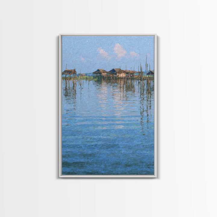 Peaceful Blue Lagoon Stilt Village Canvas Print, African Coastal Landscape, Impressionist Water Reflections Wall Decor Gift