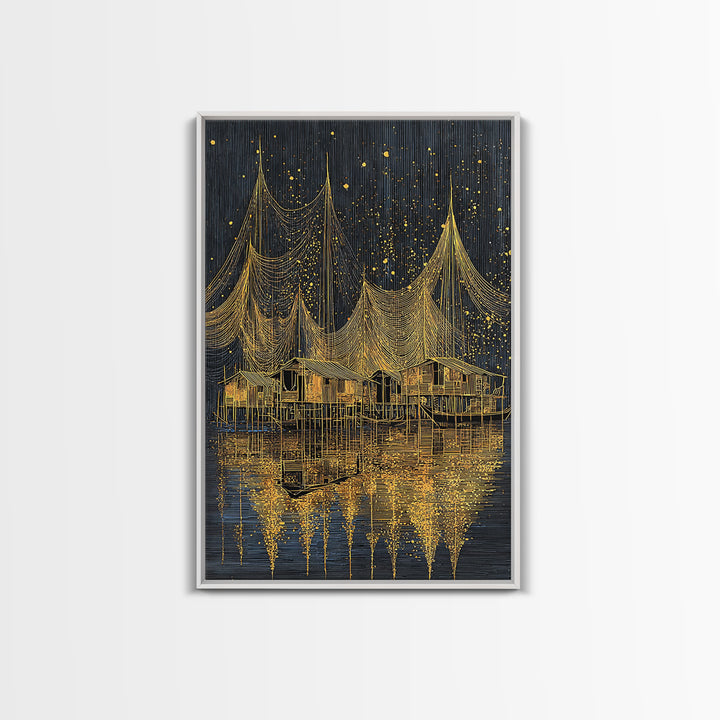 Golden Night Fishing Nets Over Stilt Houses Canvas Print, African Inspired Coastal Village Wall Decor, Black Gold Statement Art