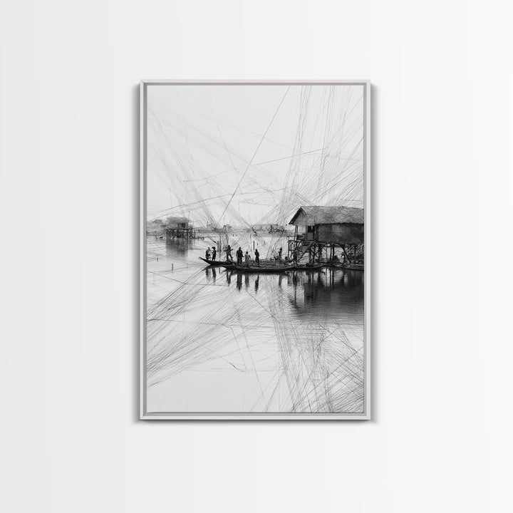 Black And White Fishing Village Sketch Wall Art, Fine Line Coastal Hut Drawing, Minimalist Lake House Decor For Gallery Walls