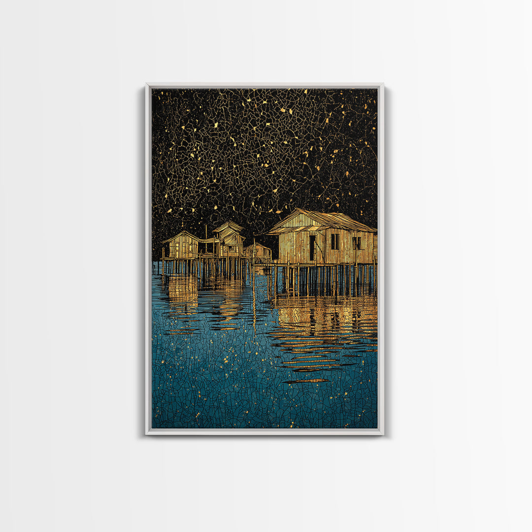 Gold Stilt Houses On Blue Water Canvas Print, Abstract Coastal Village Wall Art, Black Gold Lake Reflections Home Decor Art