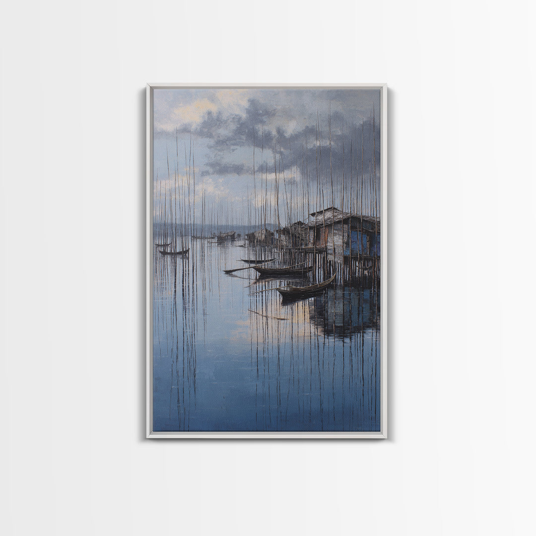 Moody Blue Fishing Boats By Stilt Houses Framed Canvas Print, Serene Lake Village Wall Art, Coastal Home Decor Gift For Living Room