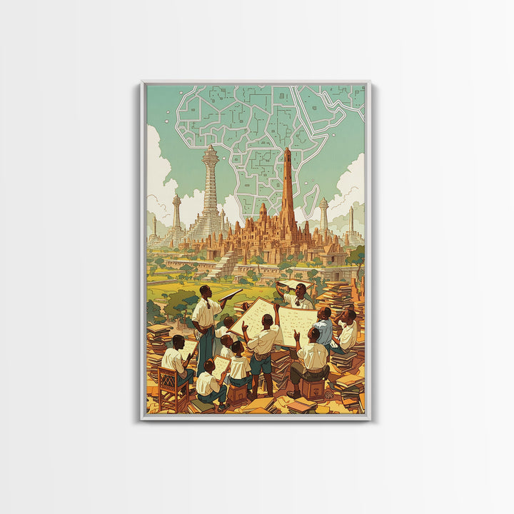 Afrofuturist African Classroom City Wall Art, Africa Art Print, Black Culture Art, Educational Decor, Modern Canvas Art Gift