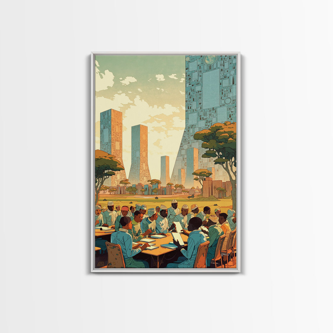 Futuristic African Scholars Skyline Wall Art, Afrocentric Art Print, Modern African Art, Office Decor, Cultural Wall Decor