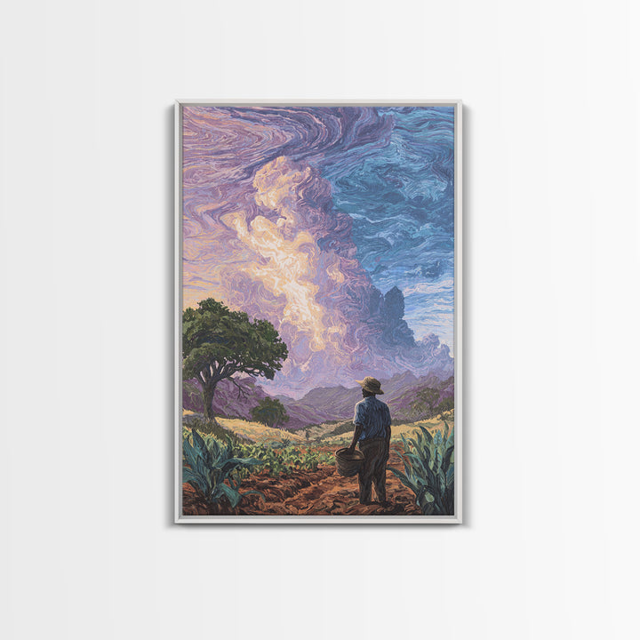 Farmer Under Swirling Storm Sky Canvas Print, African Landscape, Nature Scene Art, Earth Tone Wall Art, Living Room Decor