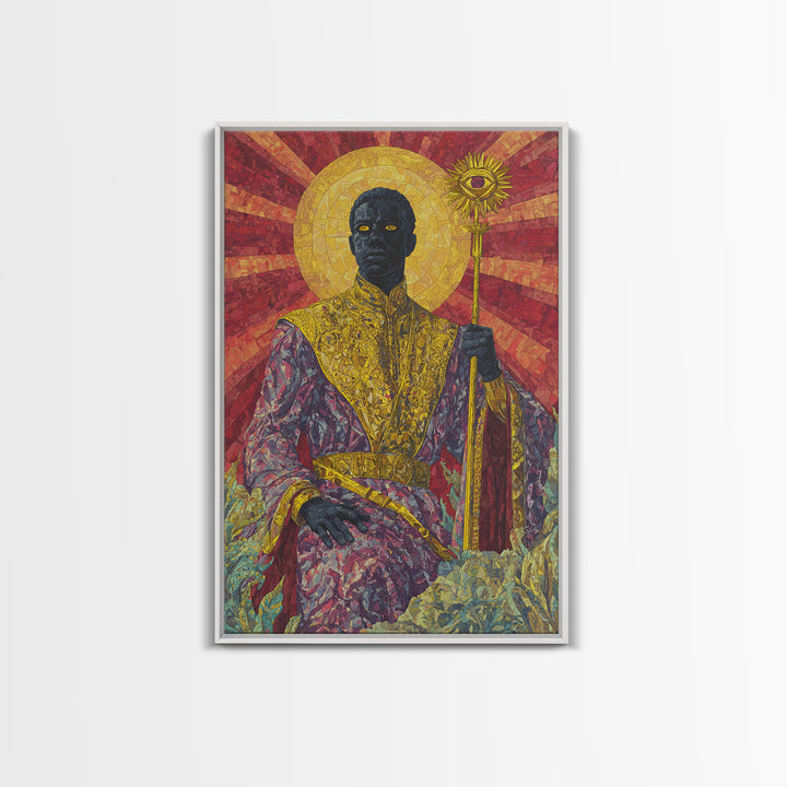 Regal Black Sun Priest Framed Canvas Print, African Queen Art, Black Goddess Art, Gold Jewelry Canvas, Statement Wall Decor