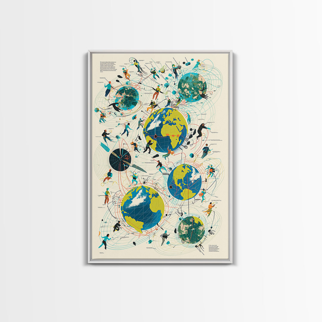 Abstract Global Network People Wall Art, Modern African Inspired Digital Art, Geometric Office Decor, World Map Canvas Print