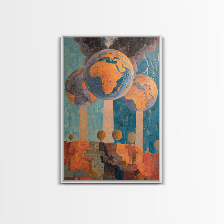 Surreal Africa Globe Trees Stormy City Wall Art, Modern African Art Print, Orange Blue Statement Decor, Afrofuturism Canvas Print