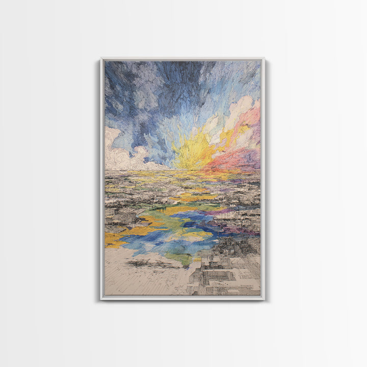 Radiant Abstract City And River Sunrise Canvas Print, Modern African Inspired Wall Art, Colorful Landscape Office Decor Gift