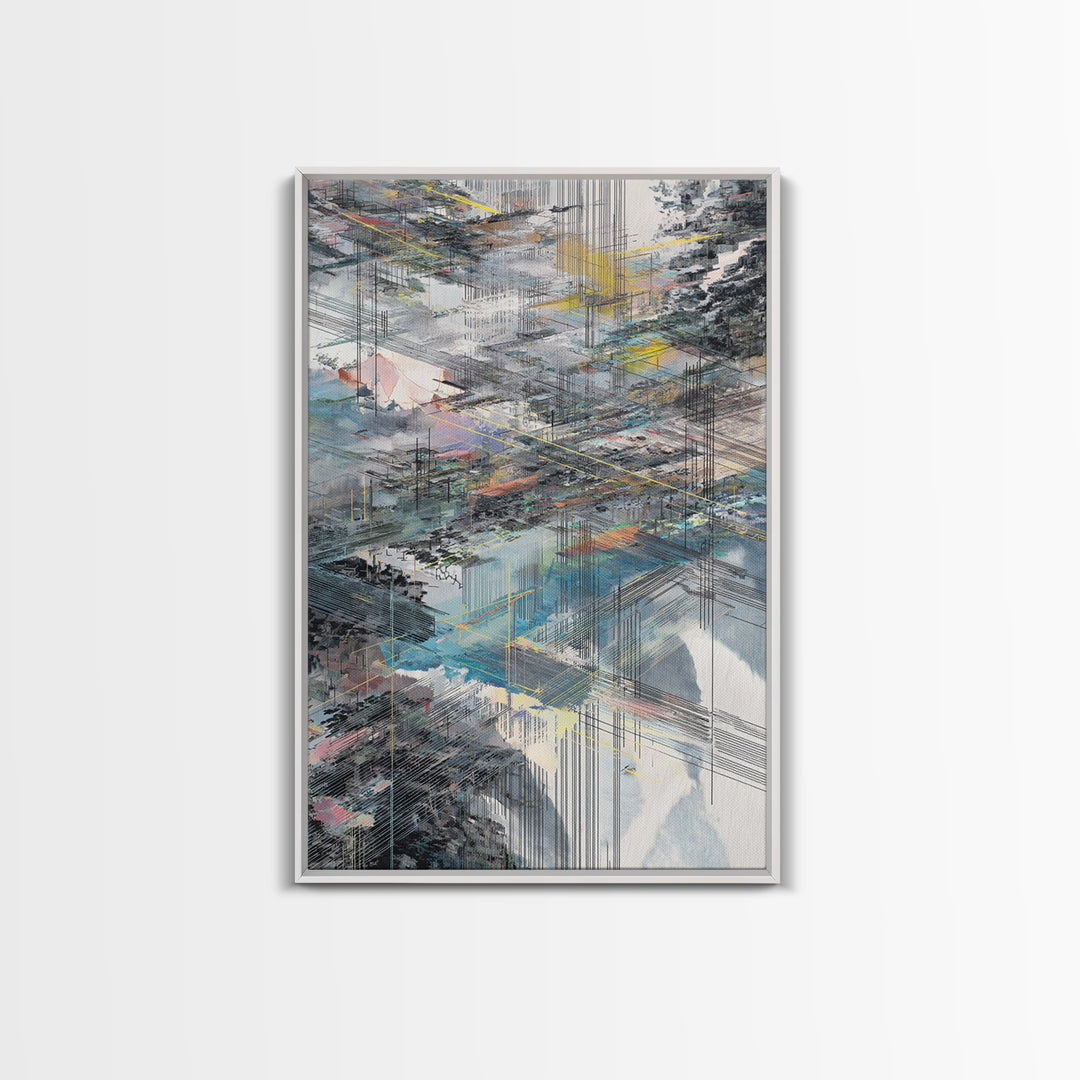 Layered City Grid Canvas Print, Abstract Urban Skyline, Modern Geometric Wall Decor, Blue Gray Office Art Gift, Large Home Decor