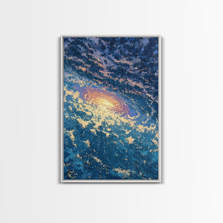 Blue Galaxy Vortex Wall Art, Swirling Cosmic Abstract, Gold Starry Canvas Print, Dreamy Luxury Decor Gift For Home Office