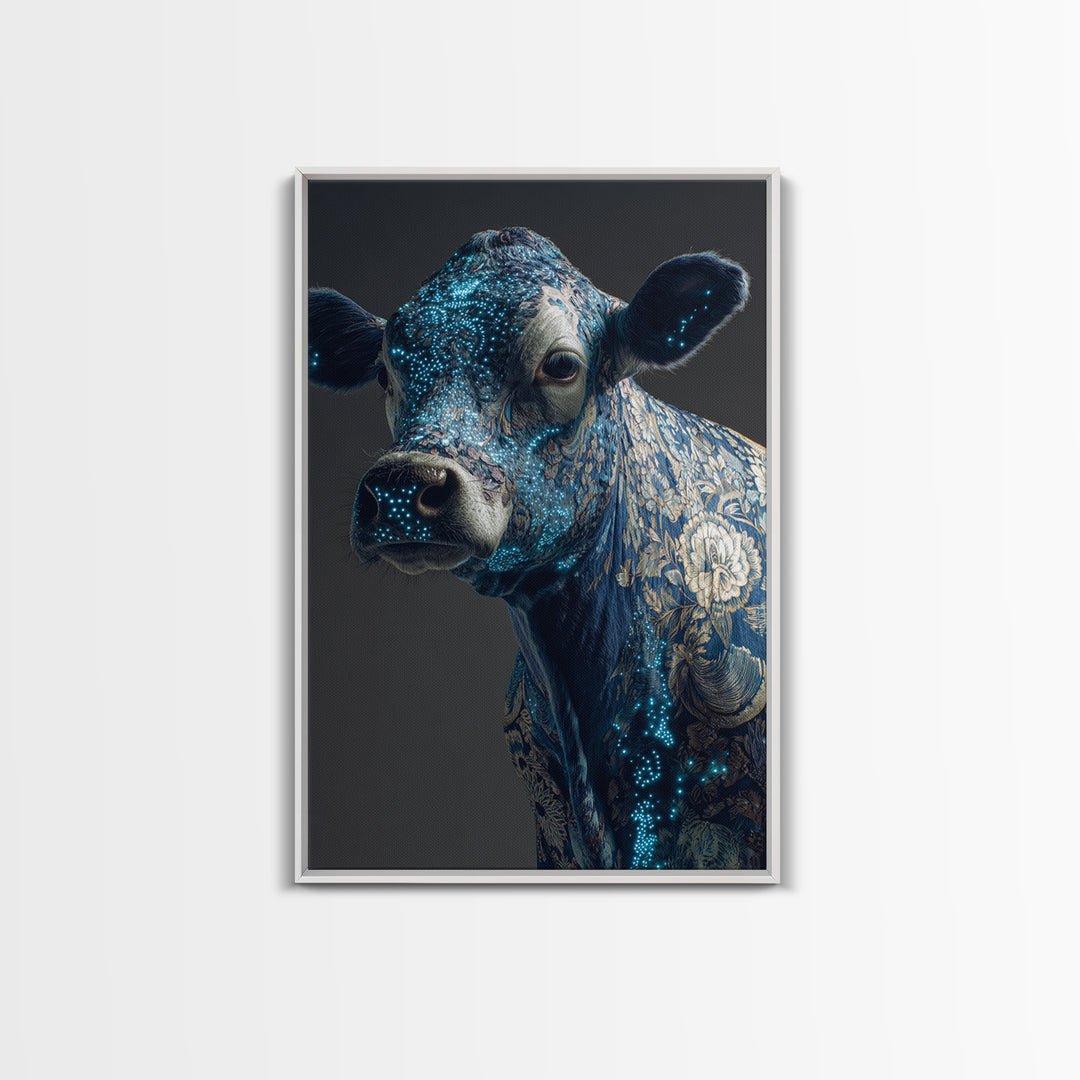 Blue Floral Cow Portrait Framed Canvas Print, Ornate Animal Wall Decor, Farmhouse Painting, Luxury Modern Home Decor Gift