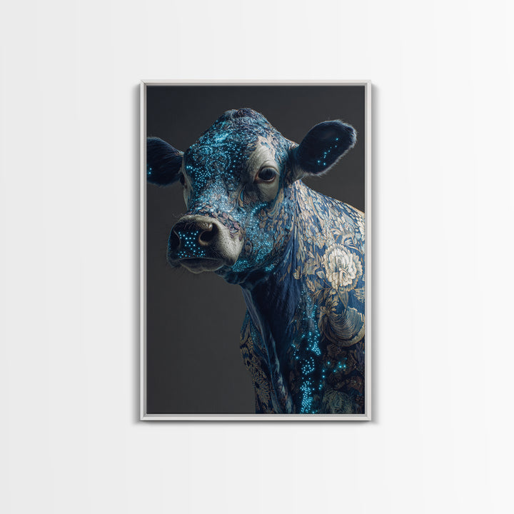 Blue Floral Cow Portrait Framed Canvas Print, Ornate Animal Wall Decor, Farmhouse Painting, Luxury Modern Home Decor Gift