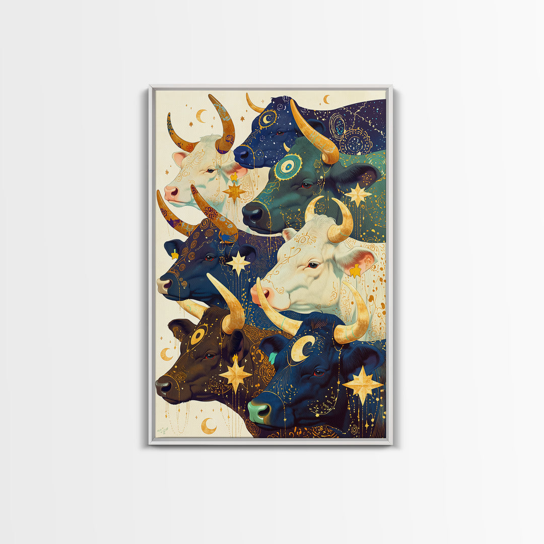 Celestial Herd Of Moonlit Cows Wall Art, Mystical Animal Canvas Print, Colorful Farm Decor, Whimsical Stars And Moons Poster