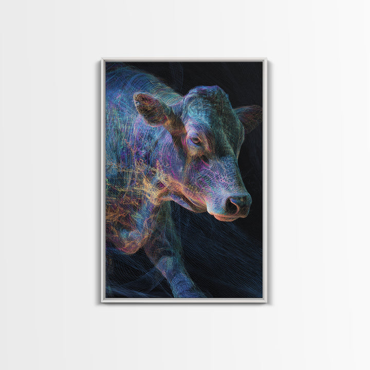 Neon Rainbow Cow Portrait Canvas Print, Abstract Animal Wall Decor, Electric Blue Farmhouse Art, Modern Black Home Decor