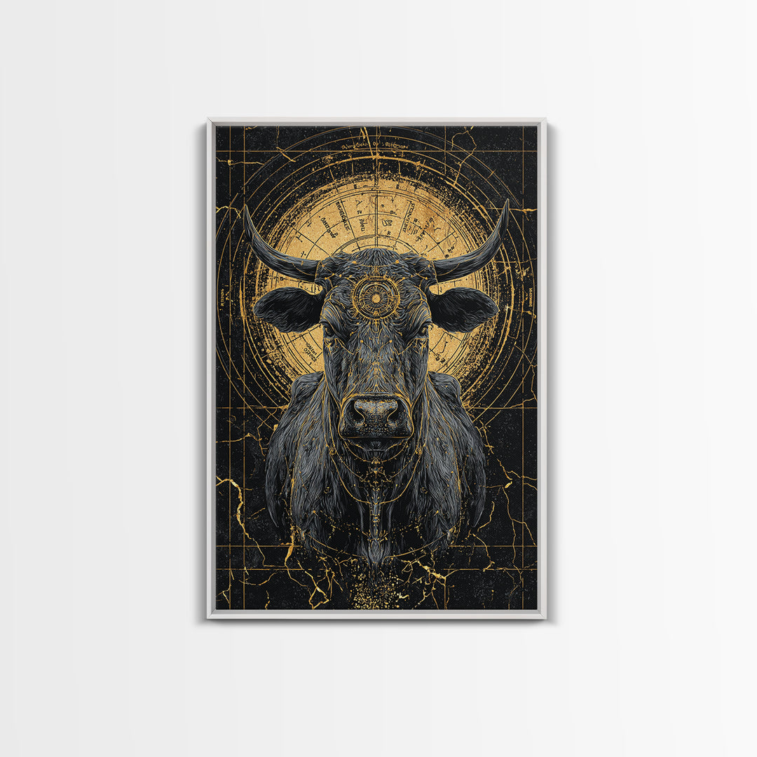 Sacred Black And Gold Bull Framed Canvas Print, Geometric Animal Wall Art, Mystical Farm Decor, Dramatic Statement Piece