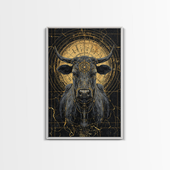 Sacred Black And Gold Bull Framed Canvas Print, Geometric Animal Wall Art, Mystical Farm Decor, Dramatic Statement Piece