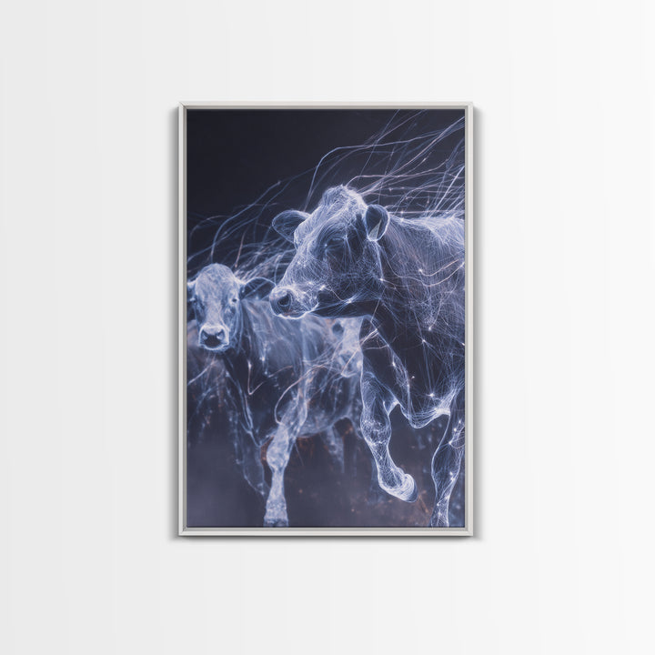 Glowing Running Cows Wall Art, Ethereal Blue Animal Canvas Print, Motion Study Farm Decor, Dreamy Modern Statement Piece